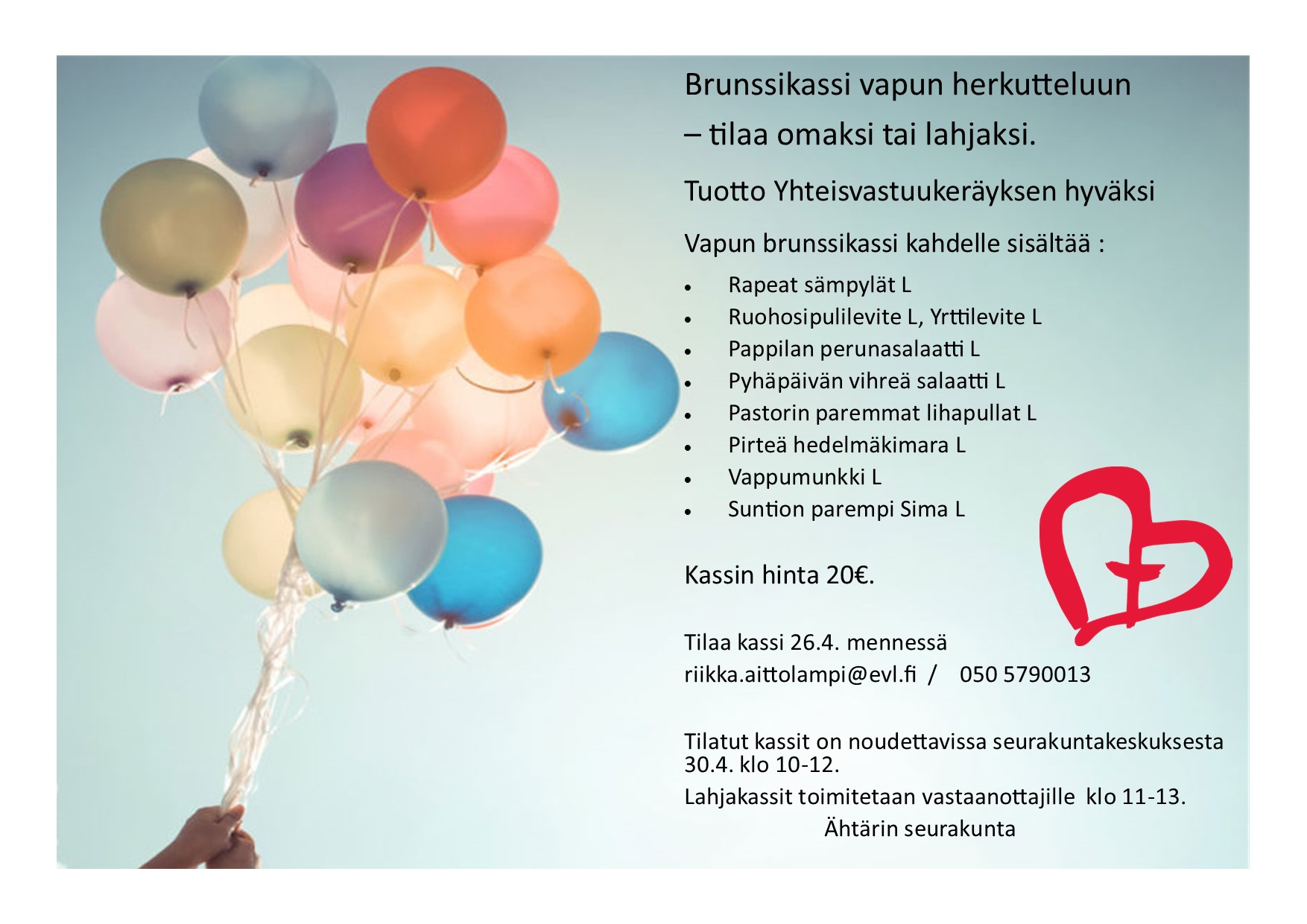 Brunssikassi vapun herkutteluun - tilaa omaksi tai lahjaksi vapun brunssikassin mainos, kuvassa ilmapalloja