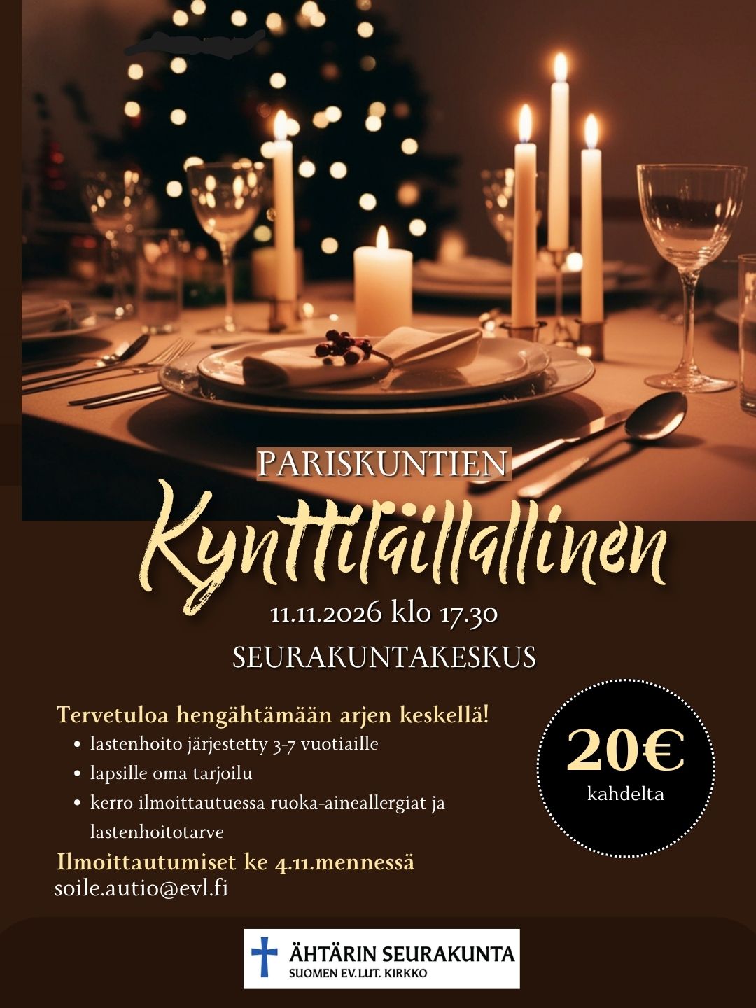 Kuvassa kynttilöitä ja mainos illallisesta.