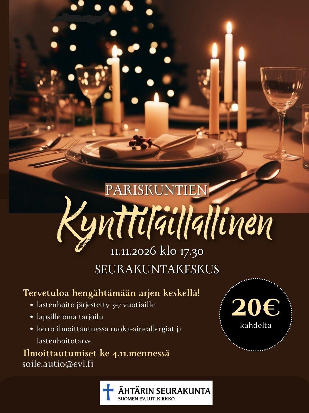 mainos jossa kynttilöitä ja katettu ruokalautanen