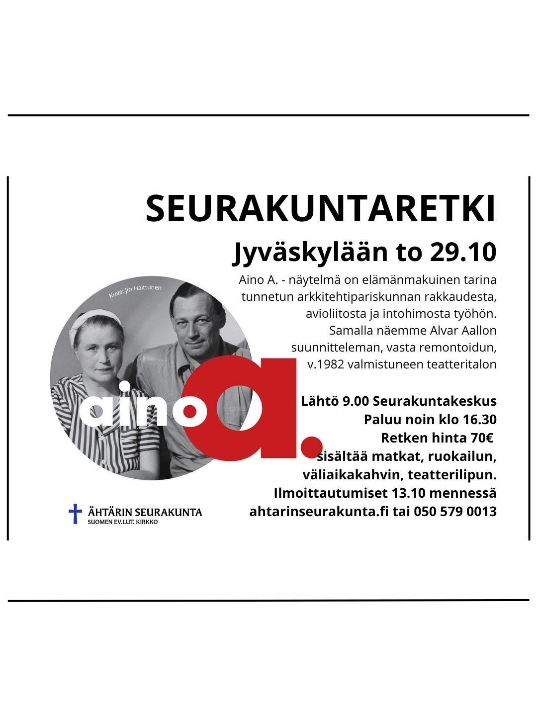 Seurakuntaretki Jyväskylään Aino A teatteriesitykseen. Kuvassa Aino ja Alvar Aalto